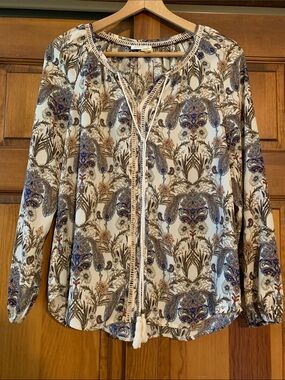 Meadow Rue Boho Paisley Print Peasant Blouse - Cream with Blue & Brown